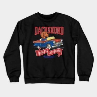 Funny Dachshund doxie  driving a retro vintage classic car  with red white and blue flags Crewneck Sweatshirt